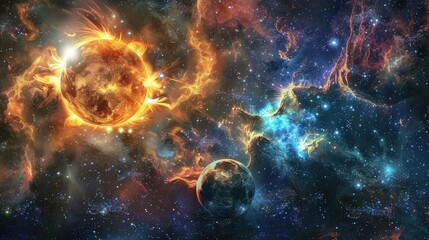 Celestial avatars of sun and moon clashing in a cosmic dance amidst a galaxy-spanning nebula of shimmering stardust.