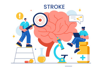 A Vector Illustration of Human Brain Stroke Highlighting Medical Details, Hemorrhage, and Pain Points for Health Checks in a Flat Cartoon Background