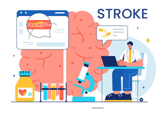 A Vector Illustration of Human Brain Stroke Highlighting Medical Details, Hemorrhage, and Pain Points for Health Checks in a Flat Cartoon Background