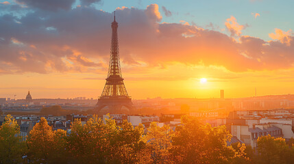 Eiffel Tower during sunset, with the sky painted in vibrant hues of orange and blue. The reflection of the sunset on the ground, travel, tourism, Paris, landmarks, olympic, sunsets