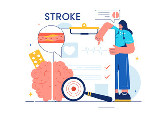 A Vector Illustration of Human Brain Stroke Highlighting Medical Details, Hemorrhage, and Pain Points for Health Checks in a Flat Cartoon Background