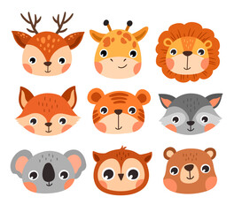 set of funny animals face illustration