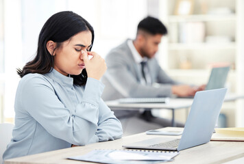 Fototapeta premium Laptop, businesswoman and headache for tired in office, anxious and fatigue for corporate employee. Workplace, brain fog and agent with stress pain of migraine, deadline and lack of time management