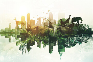 The silhouette of the nature conservation campaign in a silhouette double exposure. All animals are green wide. In the Background are a modern city and buildings. .