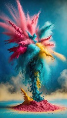 mesmerizing explosion of colorful powder on a brilliant cerulean blue background