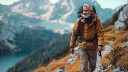 Elderly man hiking on a mountain trail. .Middle-aged man