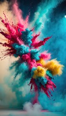 mesmerizing explosion of colorful powder on a brilliant cerulean blue background