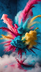 mesmerizing explosion of colorful powder on a brilliant cerulean blue background