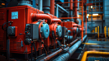 Fototapeta premium Close-up of industrial machinery featuring red pipes and valves in a factory setting.