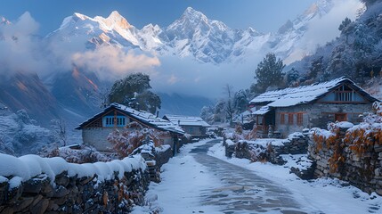 A quaint mountain village in the early morning, nestled among snow-capped peaks. The first light of day illuminates the charming cottages and cobblestone streets.