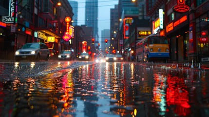 Fototapeta premium Rain-soaked city street reflecting neon signs and busy traffic