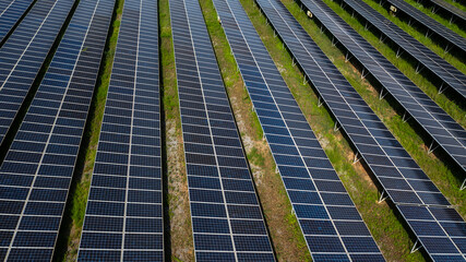 Aerial view solar cell panels farm power plant, Solar cell panels farm power plant eco technology alternative sustainable resources and renewable energy, Solar panel environment friendly.