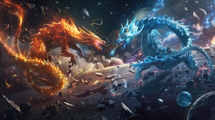 Obraz premium Celestial dragons of fire and ice clashing in a cosmic battlefield amidst the remnants of shattered planets and celestial debris.