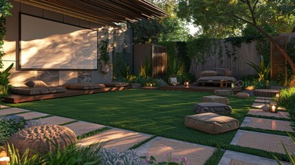 A grass lawn with a modern outdoor movie setup featuring a screen and seating.
