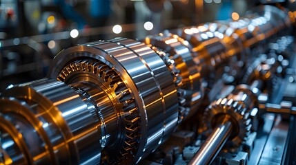 Mechanical parts, precision engineering, chrome metal components, industrial machinery, high resolution, sharp focus, bright lighting, reflective surfaces, intricate details.