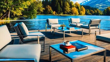 Lakeside Terrace with Modern Furniture, Warm Lanterns, and Majestic Lake in Lush Green Landscape!
