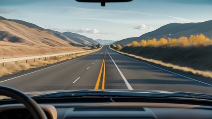 The image is taken from the perspective of a driver inside a vehicle, looking out through the windshield