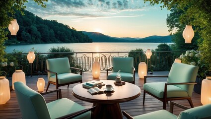 Lakeside Terrace with Modern Furniture, Warm Lanterns, and Majestic Lake in Lush Green Landscape!