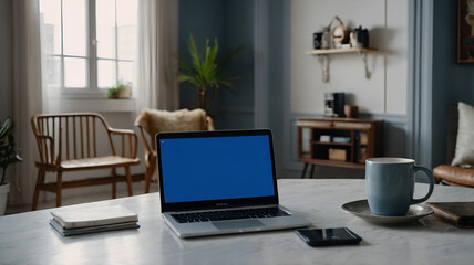 Laptop with blue screen error on table in cozy living room