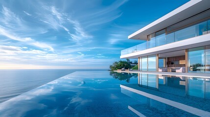 Fototapeta premium Modern luxury villa at dawn, infinity pool reflecting soft morning light, minimalist architecture with glass facades, clean lines and overhanging balconies, tranquil ocean view.