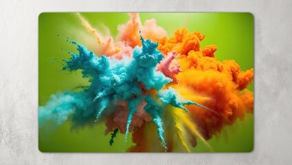photograph on high-gloss metal print, capturing the fleeting majesty of a burst of colored powder on a radiant lime green background