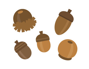 どんぐりとクヌギの秋のイラストセット。丸みのある、かわいい木の実の素材。