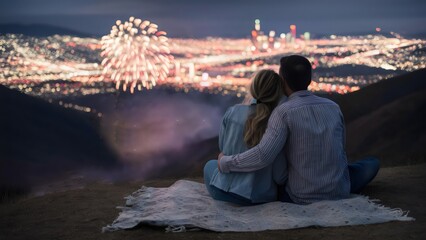 Fototapeta premium Starry Night Romance: Watching Fireworks Over a Glittering Cityscape