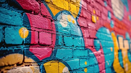 Obraz premium Brick Wall Graffiti with Blue, Yellow, and Pink