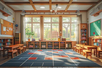 Sunny Classroom With Large Windows and Patterned Carpet