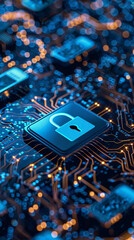 Digital data security related futuristic technological background with a padlock icon on pcb circuit board  