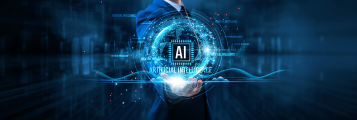 AI: Businessman holds AI on global structure network and machine learning algorithms, predictive analytics, automation solutions, advanced data processing.
