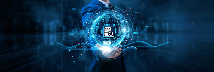 Backup, businessman holds data security on global structure network and disaster recovery,...