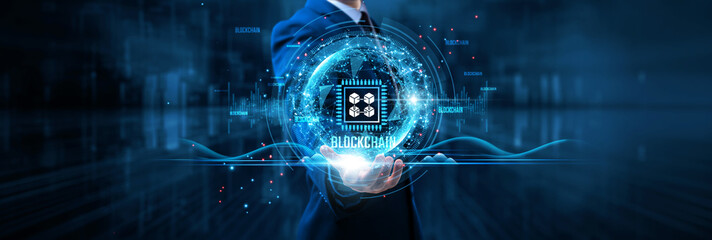 Blockchain, businessman holds blockchain on global structure network and decentralized transactions, secure data sharing, smart contracts.