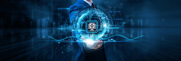 Software Development: Businessman holds software development on global structure network and...