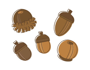 どんぐりとクヌギの秋のイラストセット。丸みのある、かわいい木の実の素材。手描き風。