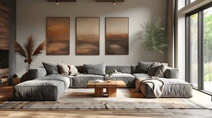 Scandinavian living room with a cozy grey sofa and wooden coffee table, emphasizing a warm and inviting atmosphere with minimal decor.