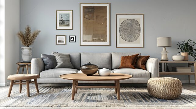 Scandinavian living room with a cozy grey sofa and wooden coffee table, emphasizing a warm and inviting atmosphere with minimal decor.
