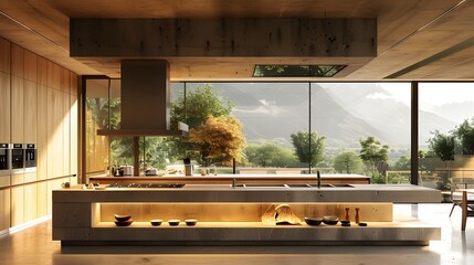 Sewing fabric with Sleek modern kitchen, concrete island with ...