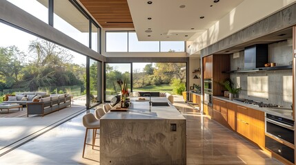 Sleek modern kitchen, concrete island with integrated sink, warm wood paneling, floor-to-ceiling windows, panoramic nature view, minimalist design, neutral color palette.