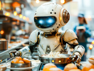 Imagem de robô cozinhando em um restaurante. A imagem é uma metáfora da substituição da mão de obra humana pela IA