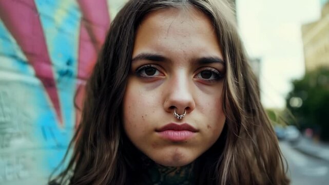 A close up of a girl with a septum piercing looking straight at the camera her fierce expression and colorful tattoos complementing the bold graffiti behind her.
