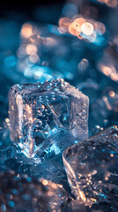 Extreme close up view of blue ice cubes with water drops