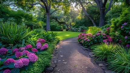 Fototapeta premium Vibrant botanical garden, lush colorful foliage, bright pink hydrangeas, ornamental grasses, large-leafed tropical plants, dappled sunlight through trees, stone pathway.