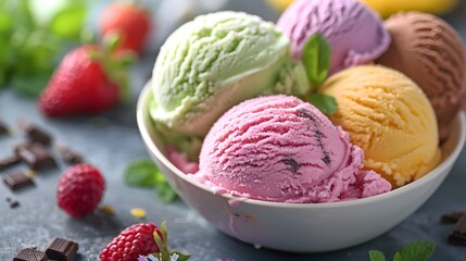 Vibrant scoops of ice cream, multicolored flavors, ceramic white bowl, creamy texture, swirls of pastel hues, strawberry pink, mint green, lavender purple, mango yellow.