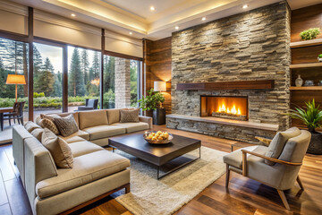 Warm and inviting modern living room interior featuring a stunning stone wall and cozy fireplace, perfect for a luxurious and relaxing atmosphere.