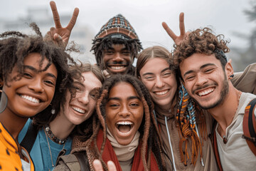 Diverse group of friends taking outdoor selfie on a cloudy day - Smiling young people showing peace signs and having fun in the city