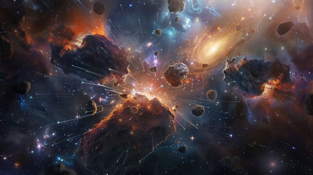 Celestial juggernauts, forged from constellations and stardust, collide in the cosmic void amidst streams of celestial nebulae and cosmic debris.