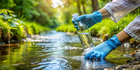 A scientist's gloved hand holds a sterile water sampling bottle submerged in a stream, surrounded by lush greenery, with a hint of polluted runoff in the background.