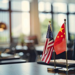 American and Chinese Flags on Table in Office Setting