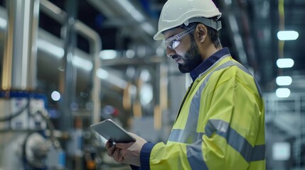 Industrial worker wearing a safety vest and helmet, using a tablet device in a factory setting